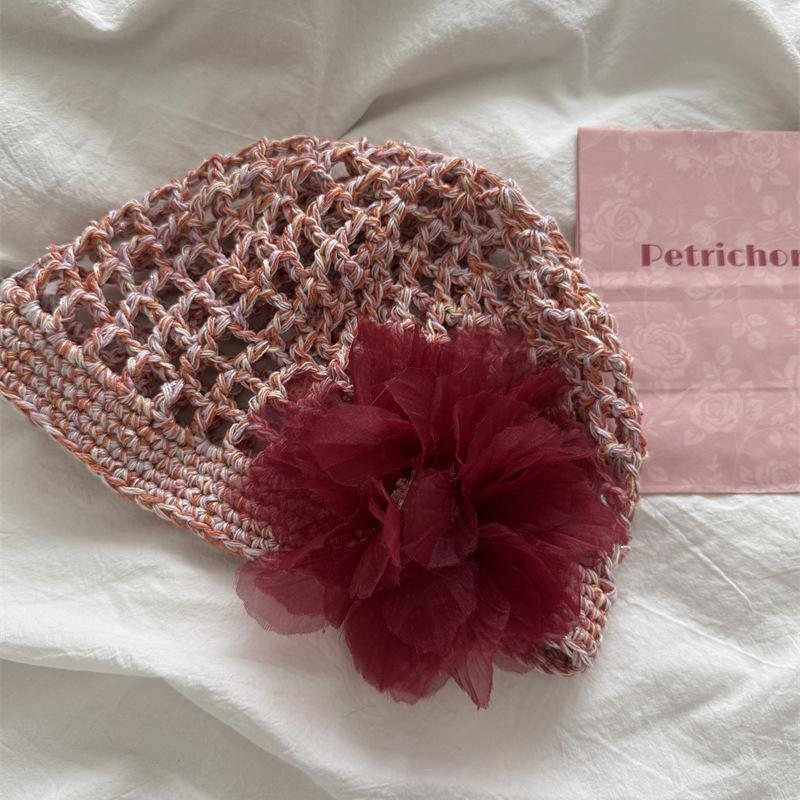 Women's Spring and Summer Korean Style Thin Hollow Breathable Sunshade Handmade Knitted Hat Sweet Wool Linen Fishnet Hat