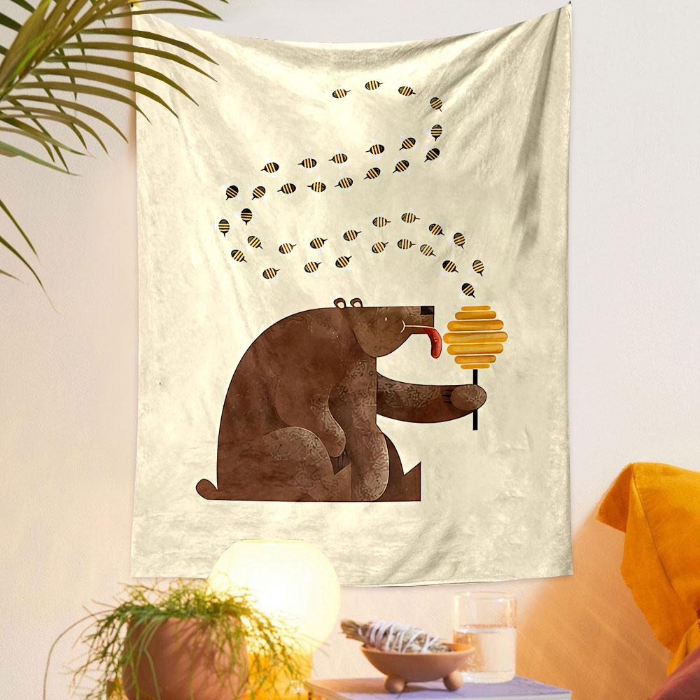 Bear Eating Honey Cartoon Tapestry Wall Hanging, Cute Bees Illustration Art, Funny Wall Decor for Bedroom Living Room Kids Room