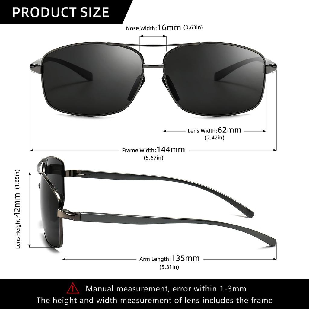SUNGAIT Square Polarized Sunglasses with Metal UV400 and Case Men's Ultra-Lightweight Frame, Protection,
