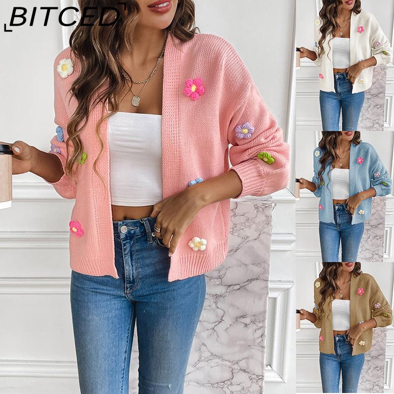 BITCED Hand-Crocheted Floral Sweet Knit Cardigan Sweater Jacket for Women Lazy-Chic Style Casual Oversized Knitwear