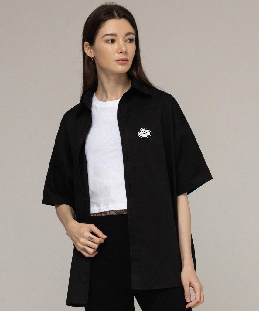 GRAVER [Unisex] Cloud Smile Embroidered Oversized Short Sleeve Shirt_Black
