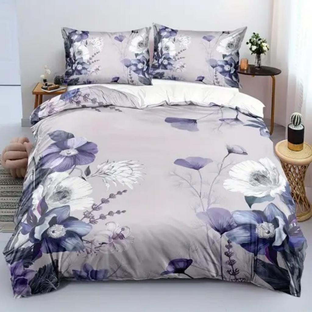 Пододеяльник с узором из фиолетовых цветов в стиле легкой роскоши, размер Queen King, 3D-печать, мягкое и удобное постельное белье, комплект из 3 предметов