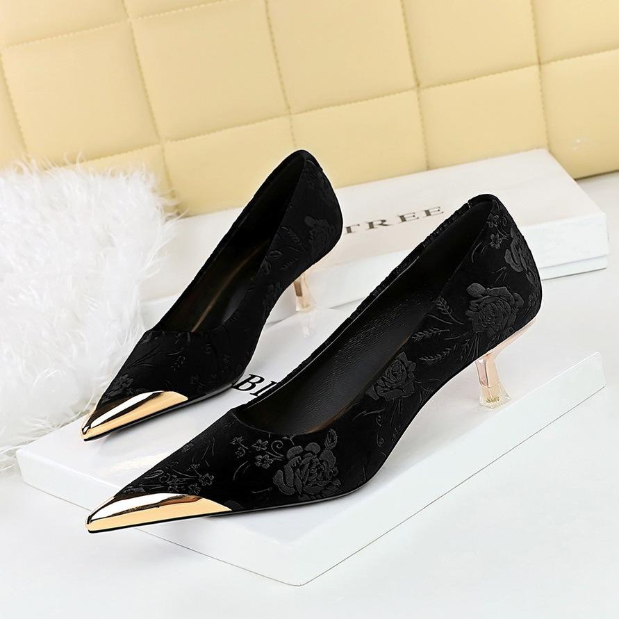 Women's Shoes with Thin Heel, Shallow Metal Pointed Toe, Flower Embossed Velvet, and Western Velvet Sole