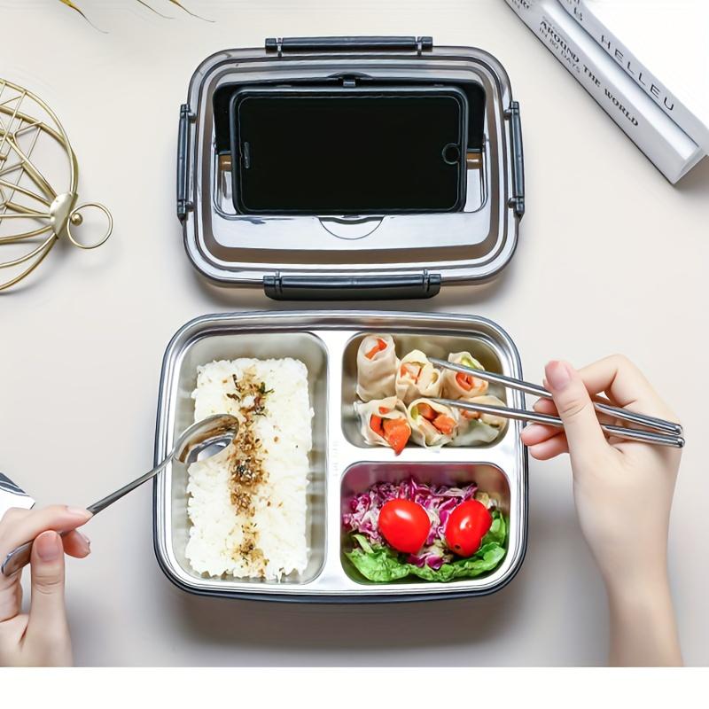 Leak-Proof Stainless Steel Lunch Box With 3 Compartments - Durable, Easy-Clean Bento Container For Students & Office Workers
