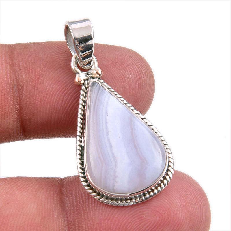 Натуральный Голубой Кружевной Агат Камень Ручной Работы 925 Проба Цельное Серебро Подвеска 1,50" D1p52