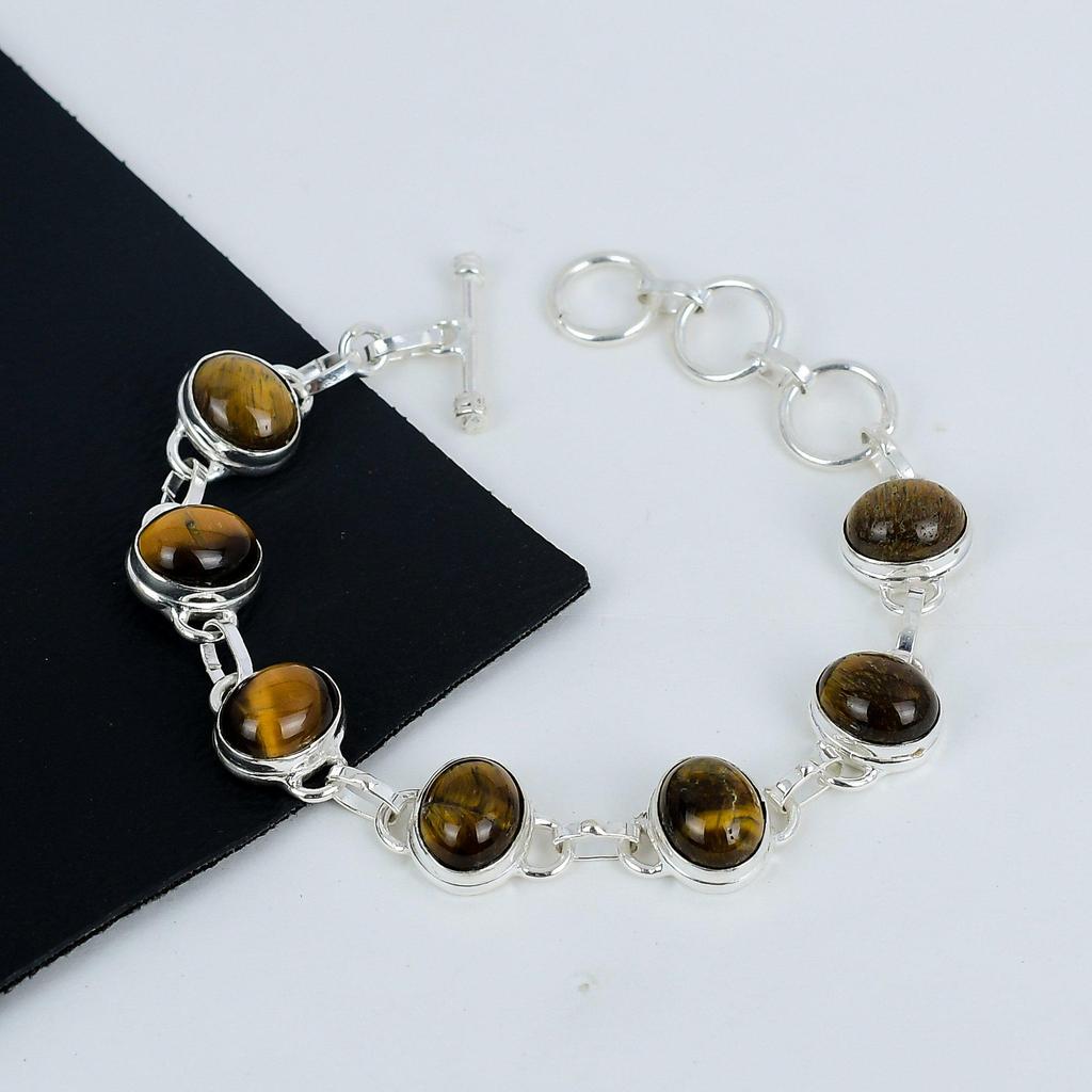Natural Tiger Eye Gemstone Handmade 925 Sterling Silver Bracelet, Tiger Eye Bracelet For Wife , Unisex Bracelet Wadding GIft For Love