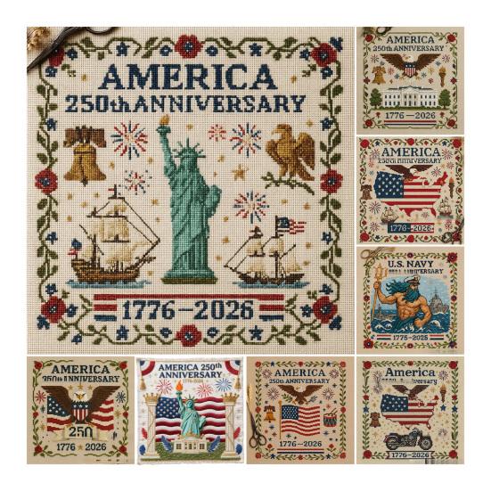 US 250th Anniversary Cross Stitch Kit DIY Needlepoint Starter Patriotic Commemorative Embroidery Pattern Keepsake Gift for Beginners Veterans Military