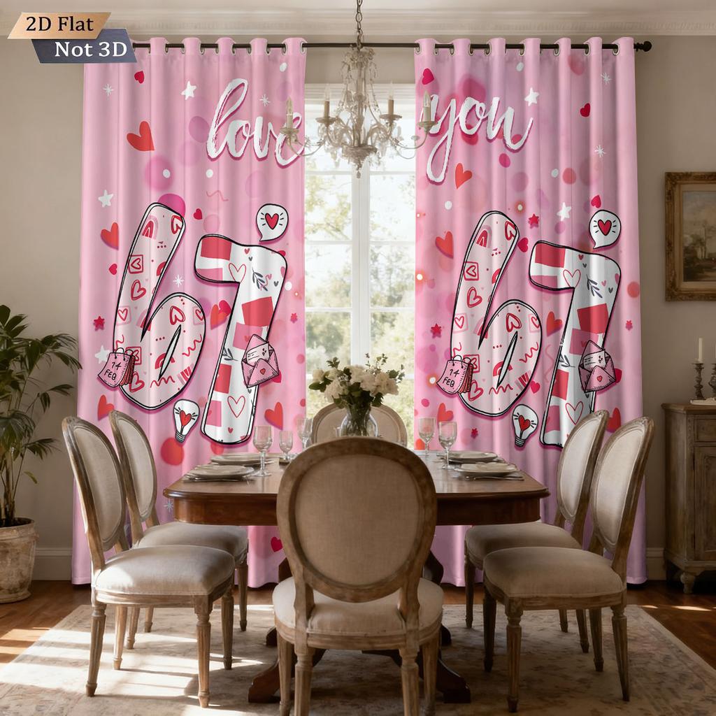2pcs Valentine's Day Pink Love 67 Element Print Blackout Perforated Curtain Multi Size Living Room Bedroom Insulation Decoration