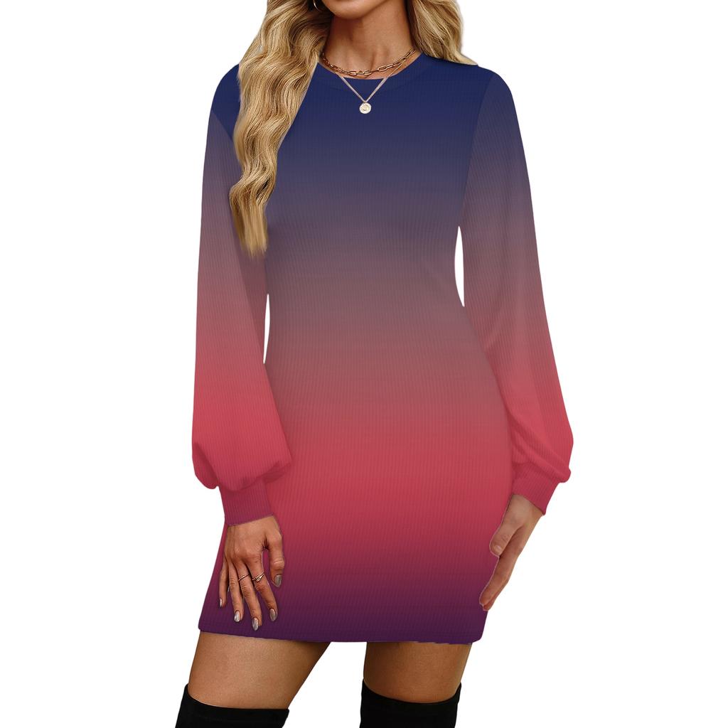 Женское модное повседневное платье с круглым вырезом и длинными рукавами