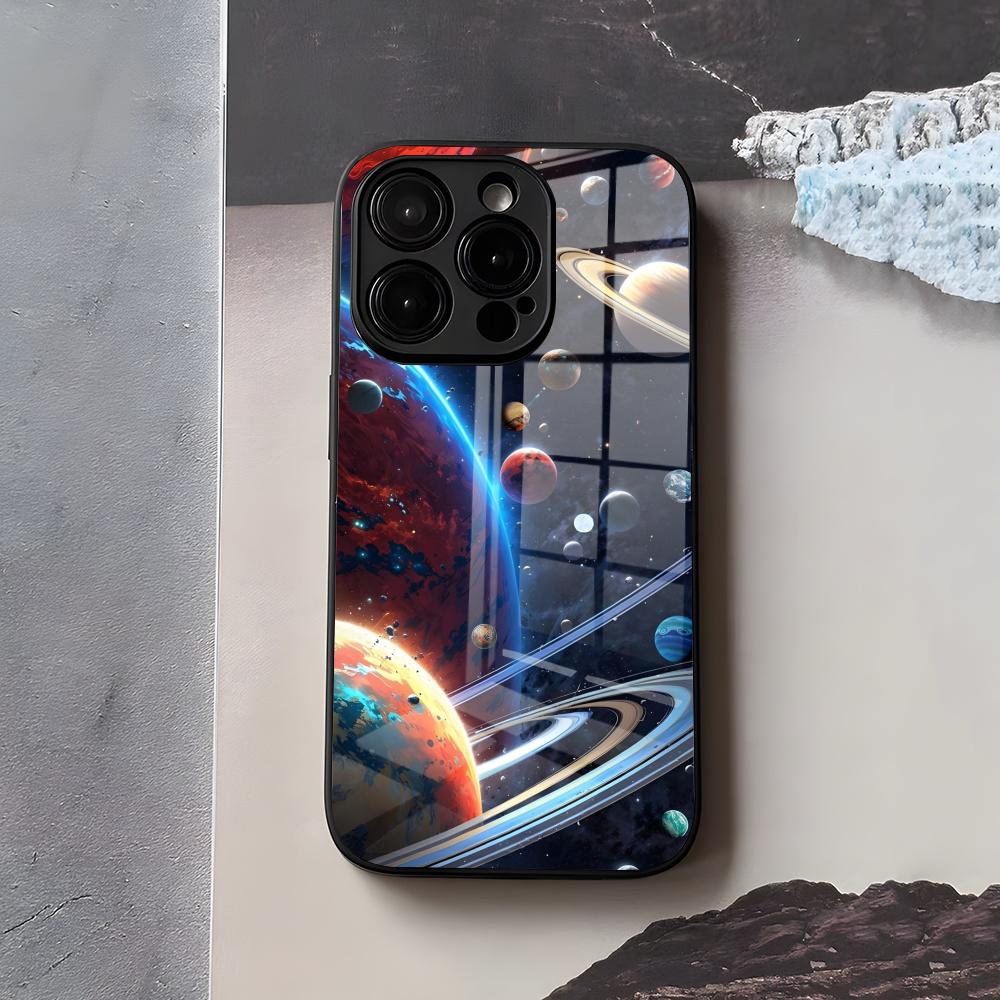Space Planet Phone Case For IPhone 17 Air 16 E Pro Max 15 14 13 Mini 12 Pro 11 Max Plus Black Glass Cover