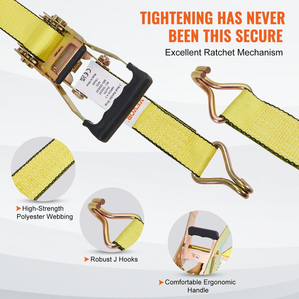 Ratchet Tie Down Straps (4PK), 5000 lb Break Strength, Double J Hook Includes 4 Premium 2" x 15' Rachet Tie Downs with Padded Handles, for Moving