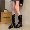 Metal Chain Thick Heeled Womens Riding Boots Autumn Winter Pu Leather Mid Calf Boots Woman Fashion Buckle Strap Motorcycle Boots