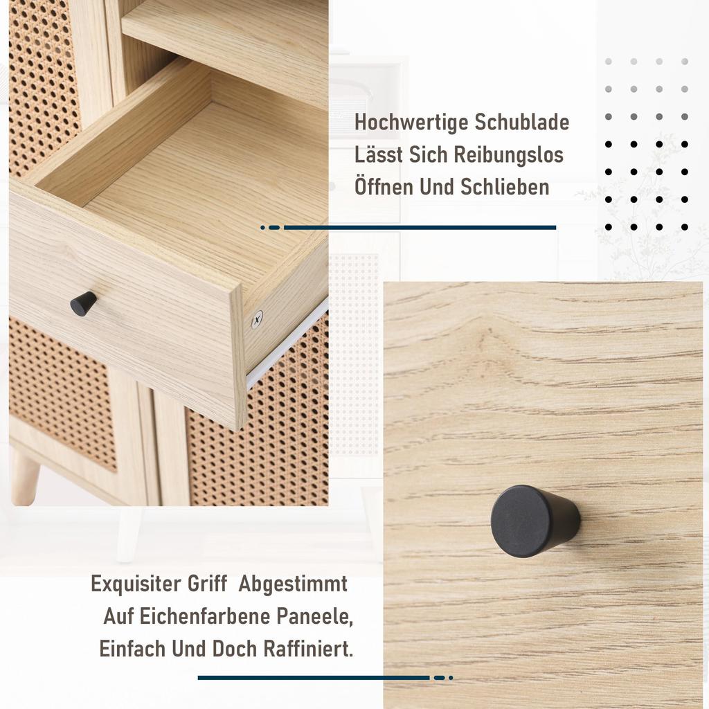 Chest of Drawers Doors, Drawers, Open Storage Compartments, Modern Highboard Made of Wood Rattan Doors, Bedroom, Living Rooms, Office, Oak, 60x40x101cm