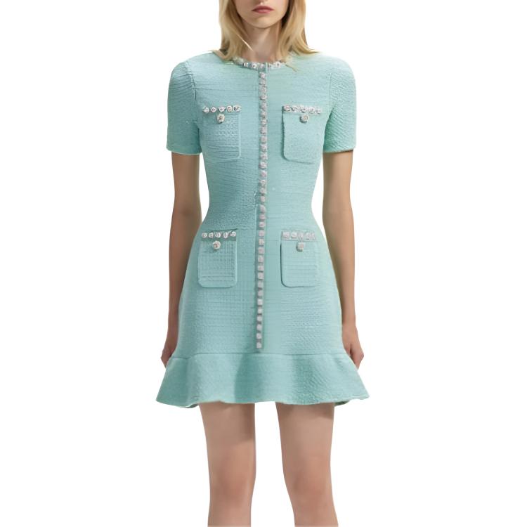 Self-Portrait Solid Color Slim Fit Knitted Wool Short Sleeve Dress Women dresses Mint-Green SWF351M03300
