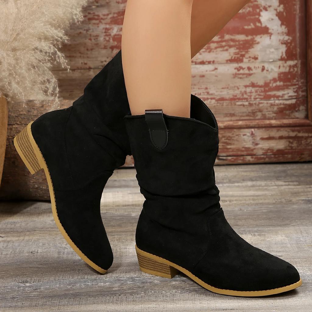 Female Shoes On Sale 2024 New Slip On Women's Boots Spring Autumn Pointed Toe Solid High Tube Chunky Heels Plus Size Boots