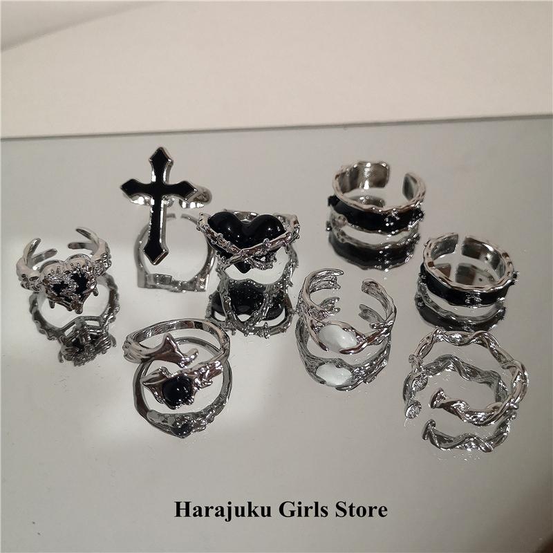Панк Harajuku Goth Thorns черный, серебристый цвет нерегулярное открытое кольцо с сердечком и крестом для женщин и мужчин, винтажные 90-е годы Y2K, ювелирные изделия в стиле гранж