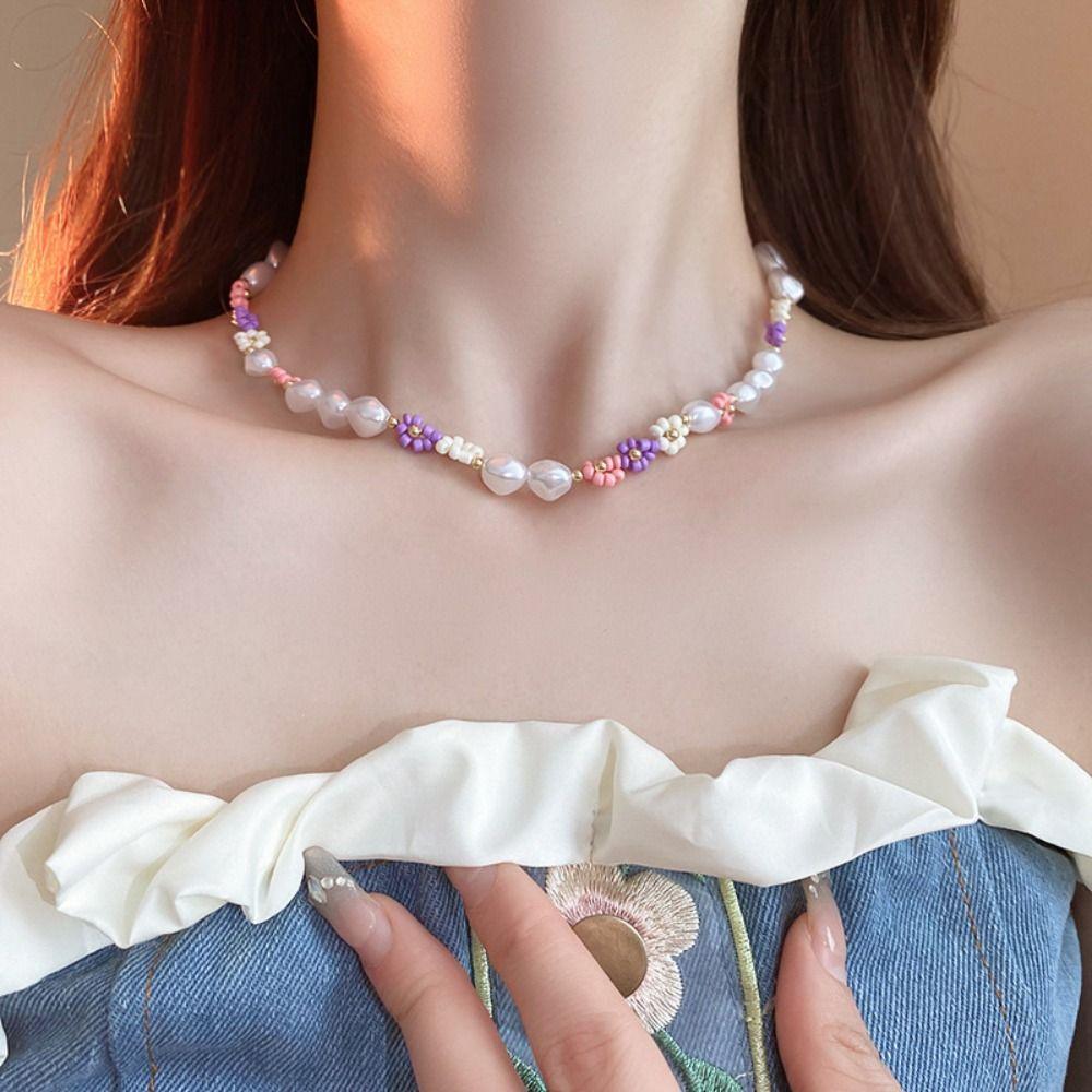 Korean Style Rice Bead Necklace Bead Flower Pearls Clavicle Chain Cute Daisy Bracelet Women