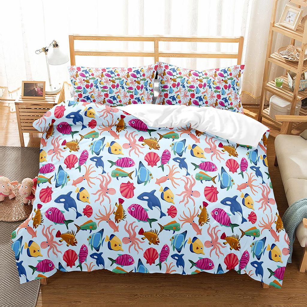 Fish Duvet Cover Set Koi Carp Pattern Polyester Comforter Cover King Queen Full Size for Kids Teens Bedding Set with Pillowcase