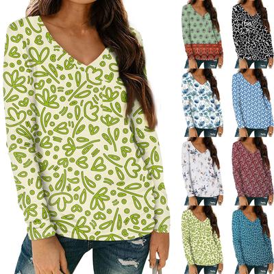 Женская мода повседневная блузка с длинным рукавом и цветочным принтом, V-образным вырезом и карманами