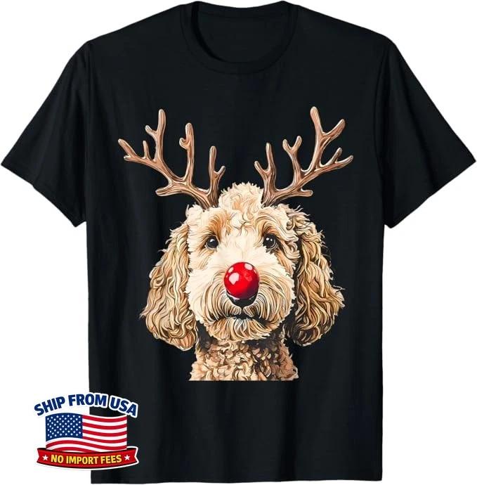 Reindeer Santa Goldendoodle Christmas Tree Lights Cute Funny Unisex T-Shirt