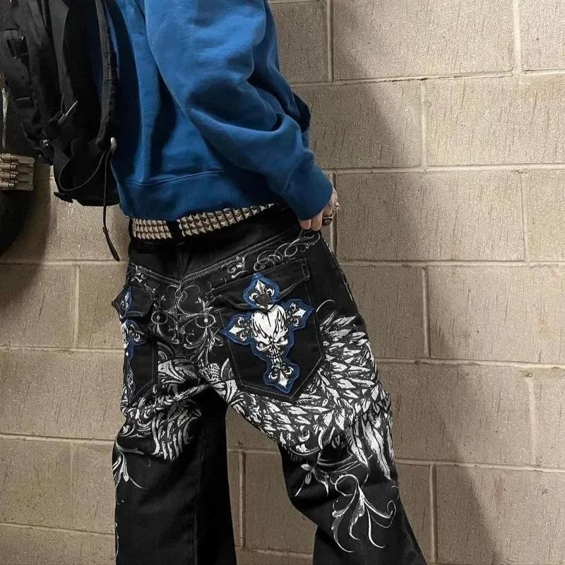 High Street Gothic Embroidered  Black Red Pattern Y2K High Waist Jeans American Retro Street Couple Casual Pants