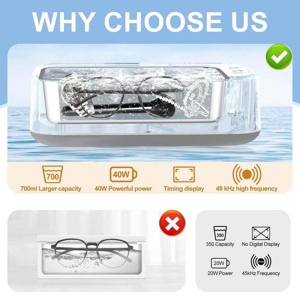 Ultrasonic Jewelry Cleaner, Portable Professional Ultrasonic Cleaner for Jewelry, Eyeglass, Watches, Ring, Blade Razor, 40W 700ml 49KHz