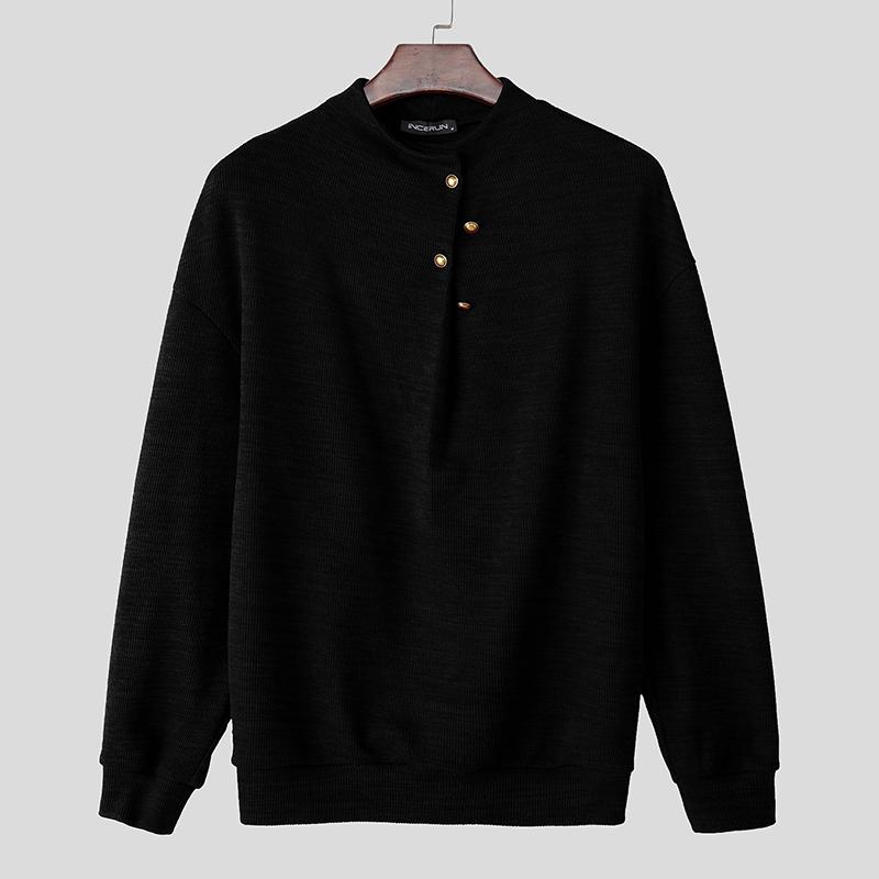 INCERUN Autumn Pullovers Men Stand Neck Long Sleeve Texture Rib Knitted Casual Tops