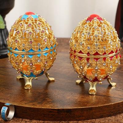 Шкатулка для украшений в форме яйца с инкрустацией драгоценными камнями, органайзер, изысканная полая емкость из сплава, для сережек, колец, декоративный элемент туалетного столика