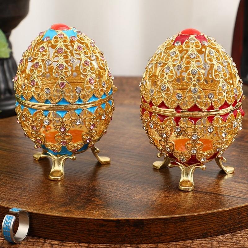 Шкатулка для украшений в форме яйца с инкрустацией драгоценными камнями, органайзер, изысканная полая емкость из сплава, для сережек, колец, декоративный элемент туалетного столика