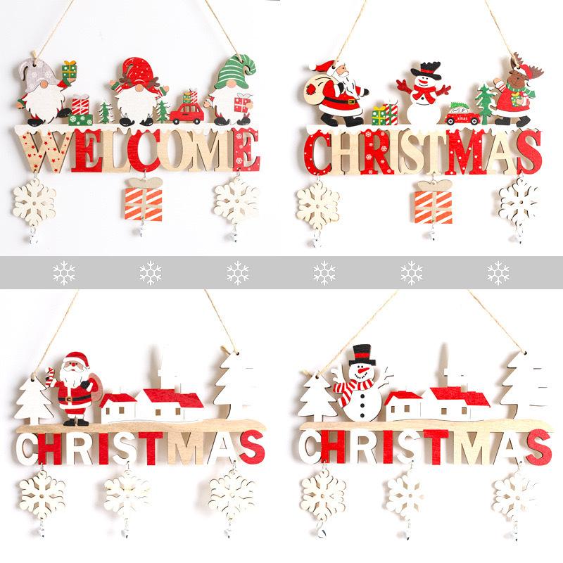 Christmas Decorations Wooden Hollow Out Christmas Tree Pendant Five-pointed Star Bell Snowman Drop Ornament Festival Home Decor