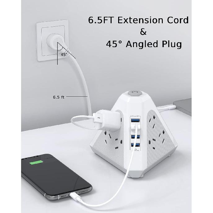 NVEESHOX Power Strip Tower Surge Protector-9 Multiple Outlets 4 USB Charging Ports,3-Side Triangle Outlet Extender Strip with 6.5Ft Long Extension