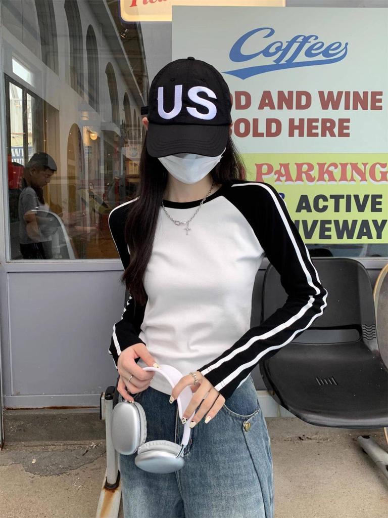 Женская ретро футболка с длинным рукавом реглан: Короткий топ для весны, осени, зимы