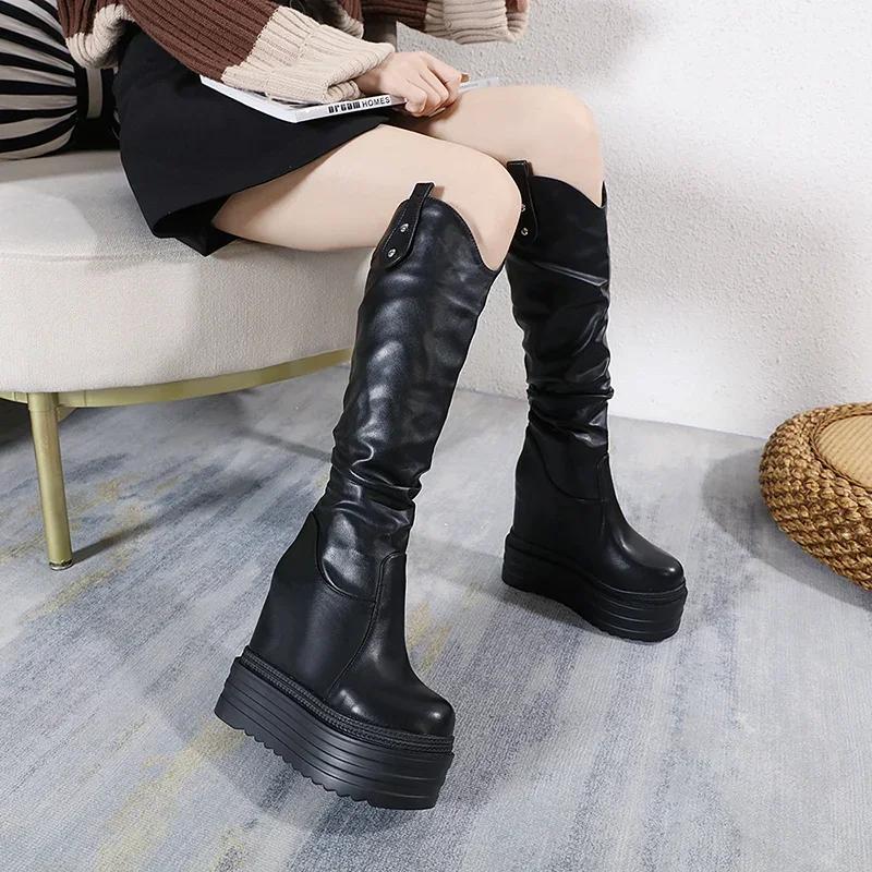 Модные высокие кожаные ботинки 14 см, стройнящие ноги и сексуальные, модные зимние ботинки на толстой подошве с лентами и маффинами, женские ботинки