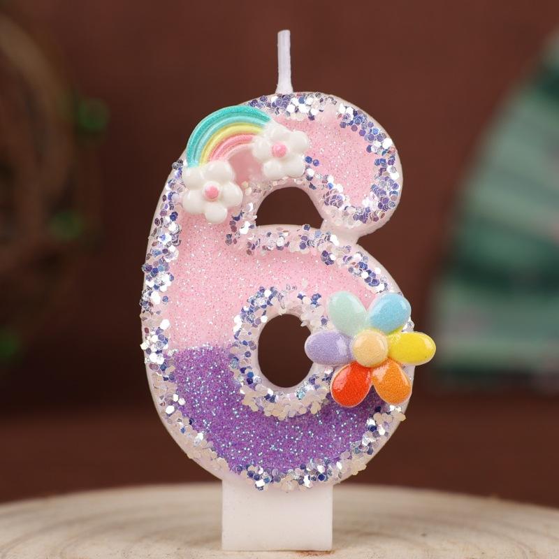 Flowers Rainbow Handmade Numbers Birthday Candles Cake Decoration Party Festive First Year Number Candles 0-9