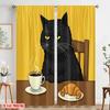 2pcs 2D Flat Printing Party Curtains Black Cat Coffee Croissant Polyester Without Electricity Festive Wall Decor Use for Holiday