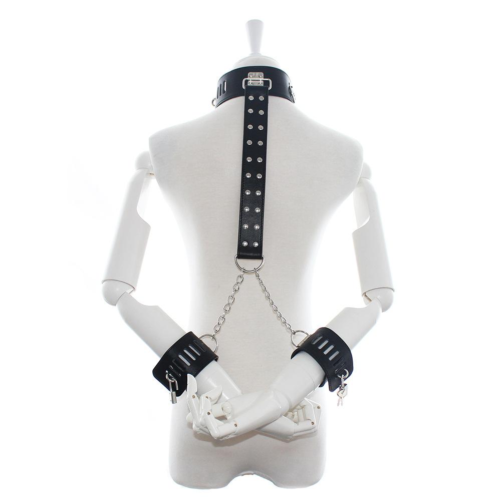 BDSM PU Leather Neck To Wrist Restraint Set Back Bind Bondage Harness Choker Collar with Handcuffs Slave Role Play Adult Sex Toy