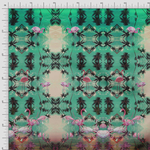 Soimoi Японский креп-сатин Пальма | Ткань с принтом в виде панно и фламинго 1 метр 42 дюйма