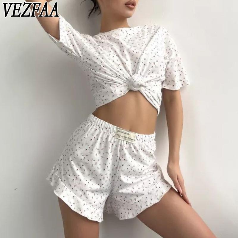 VEZFAA Женская мода повседневная летняя весенняя цветочная модель с принтом, короткие рукава, О-образный вырез, брюки, костюмы