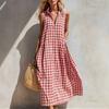Women's Collar Sleeveless Loose Straight Waist Gingham Plaid Button Front Maxi Dress Beach Vacation Sundress