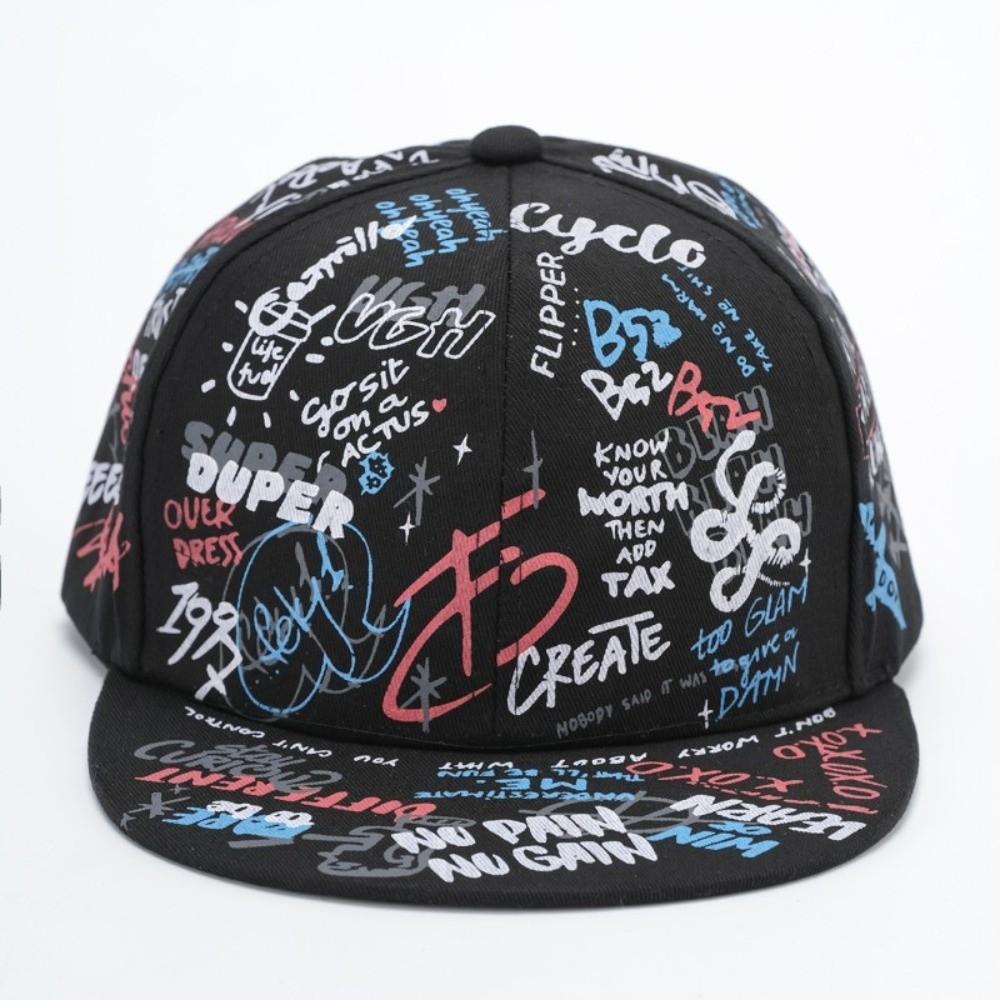 All-Over Letter Print Graffiti Baseball Cap Flat Brim Adjustable Snapback Cap Sun Protection Sunshade Hats For Man Women Unisex