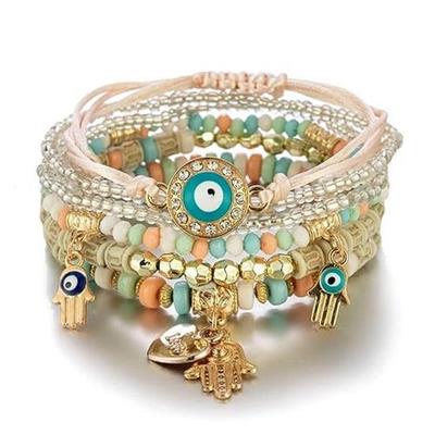 Богемный многослойный браслет-шарм с хамсой на руку, защита от сглаза, многоцветный браслет с подвесками из бисера для женщин и девочек