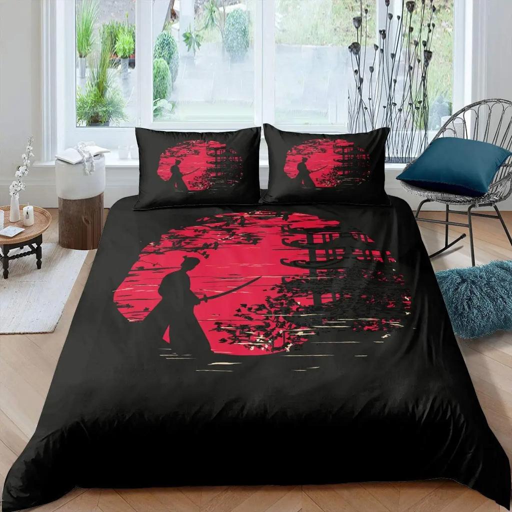 Samurai Duvet Cover Set Sunset Japanese Samurai Quilt Cover Scenery Silhouette Comforter Cover King Size 23pcs Twin Bedding Set