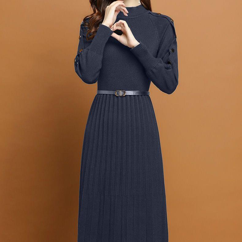 Осенне-зимние платья-поддевы Женское трикотажное платье средней длины с длинным рукавом Базовое повседневное платье-свитер Пуловер