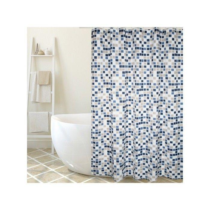 Rideau de douche Polyester MOSAIKO 180x200cm QUALITE PREMIUM Bleu & Beige - Anneaux inclus MSV