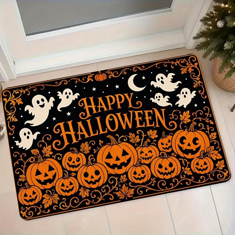 Halloween Themed Non-Slip Rug Suitable for Doorways, Machine Washable Flannel Entry Mat with Pumpkin & Print, Soft Dirt-Trapping Suitable for Entrance