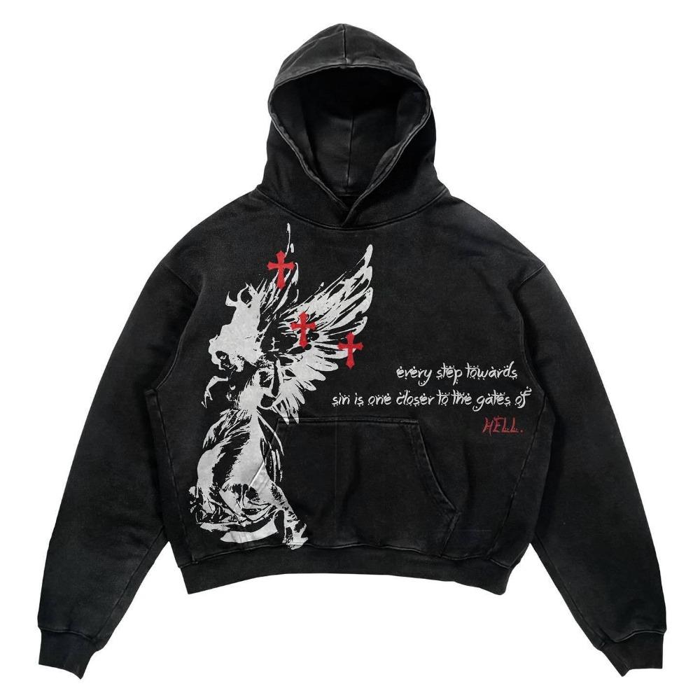 ZYLLO Ретро Готический Графический Принт Хип-Хоп Худи для Мужчин Y2k Гранж Панк Повседневный Свободный Пуловер Женский Уличный Свитшот Худи