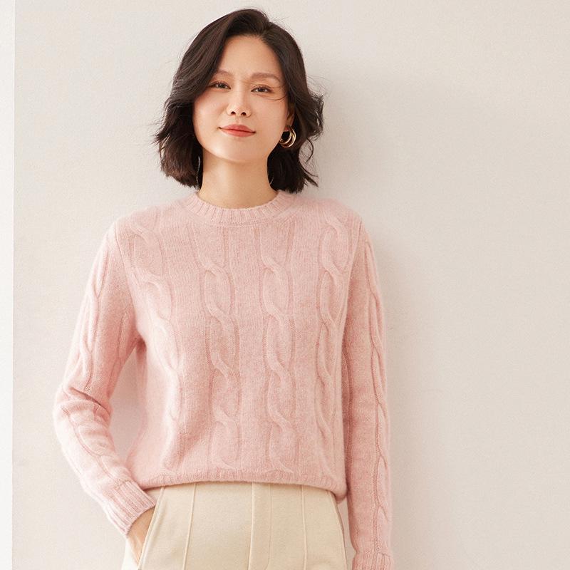 Women's Cozy Cable Knit Cashmere Sweater: Soft, Loose, Round Neck Pullover for Autumn/Winter