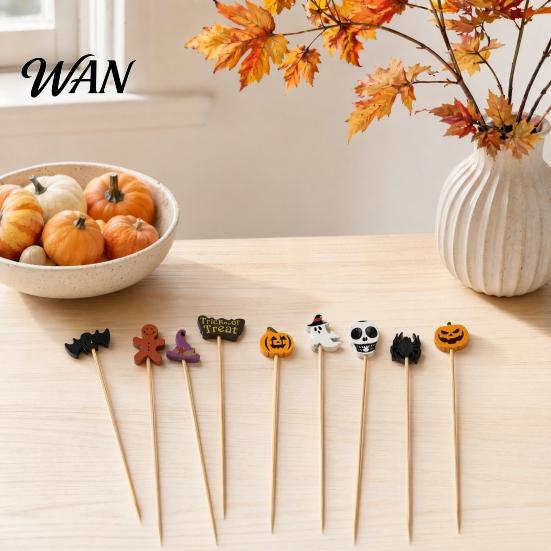 Bamboo Fruit Skewers 100PCS Disposable Cocktails Tags, Halloween Pumpkin Ghost Bat Decor Labels Skewers, Sharp Tip Party Picks for Fruits Snacks Cakes