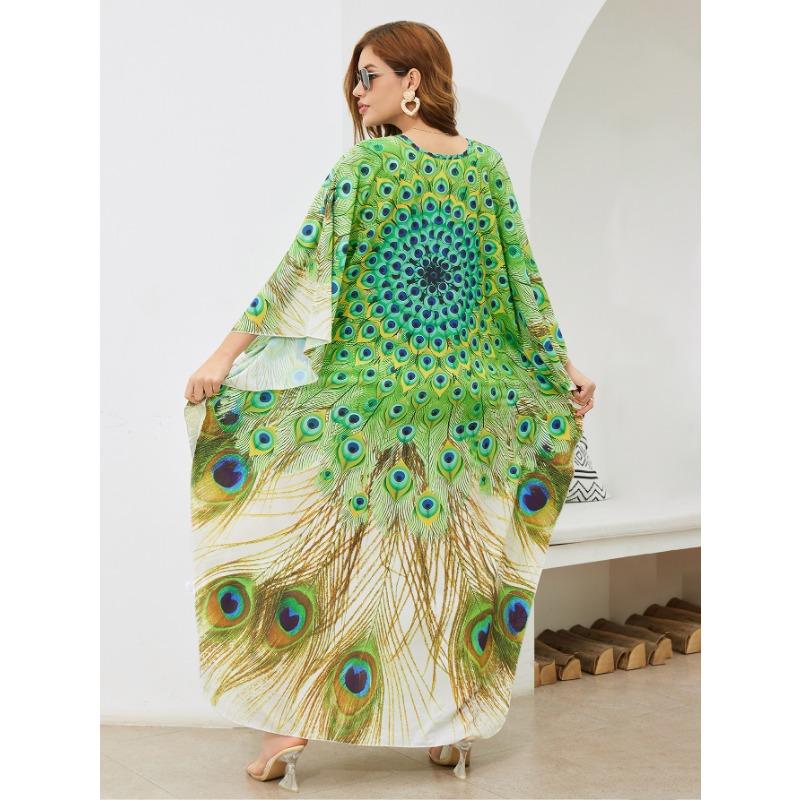 Женская мода лето весна перо принт рукава 3/4 V-образный вырез свободная талия повседневные платья