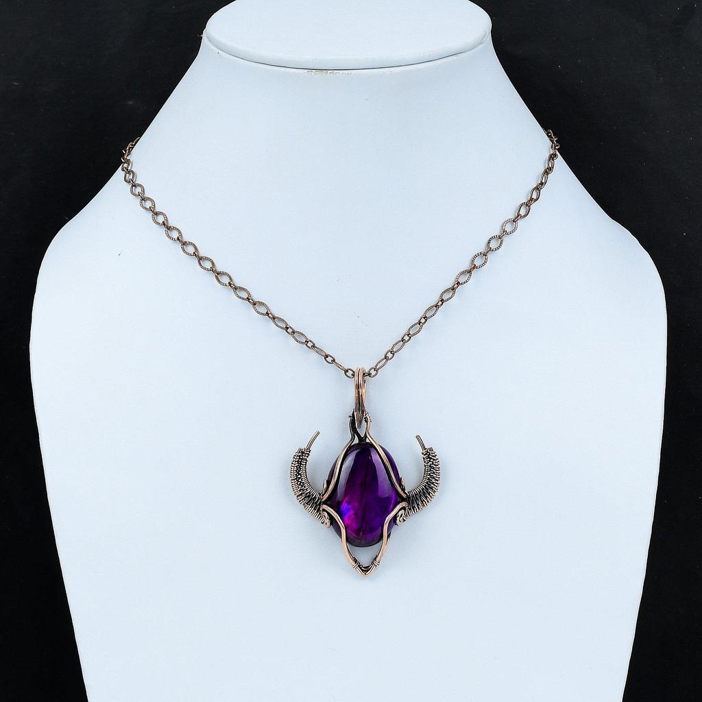 Подвеска из фиолетового огненного лабрадорита, медная проволочная обертка, подвеска ручной работы в форме бычьей морды, изящная подвеска из драгоценного камня, медные украшения для подарка